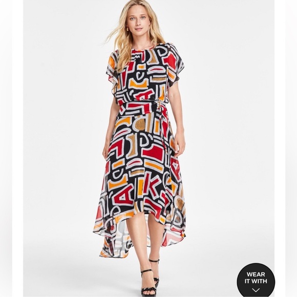 NWOT Karl Lagerfeld Logo Paris Maxi Printed Poly Dress Flutter Sleeve • Size 4 - Picture 1 of 17